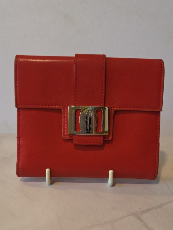 Salvatore Ferragamo Handbags - Salvatore Ferragamo Red Leather Compact Bifold Wallet with Silver Buckle